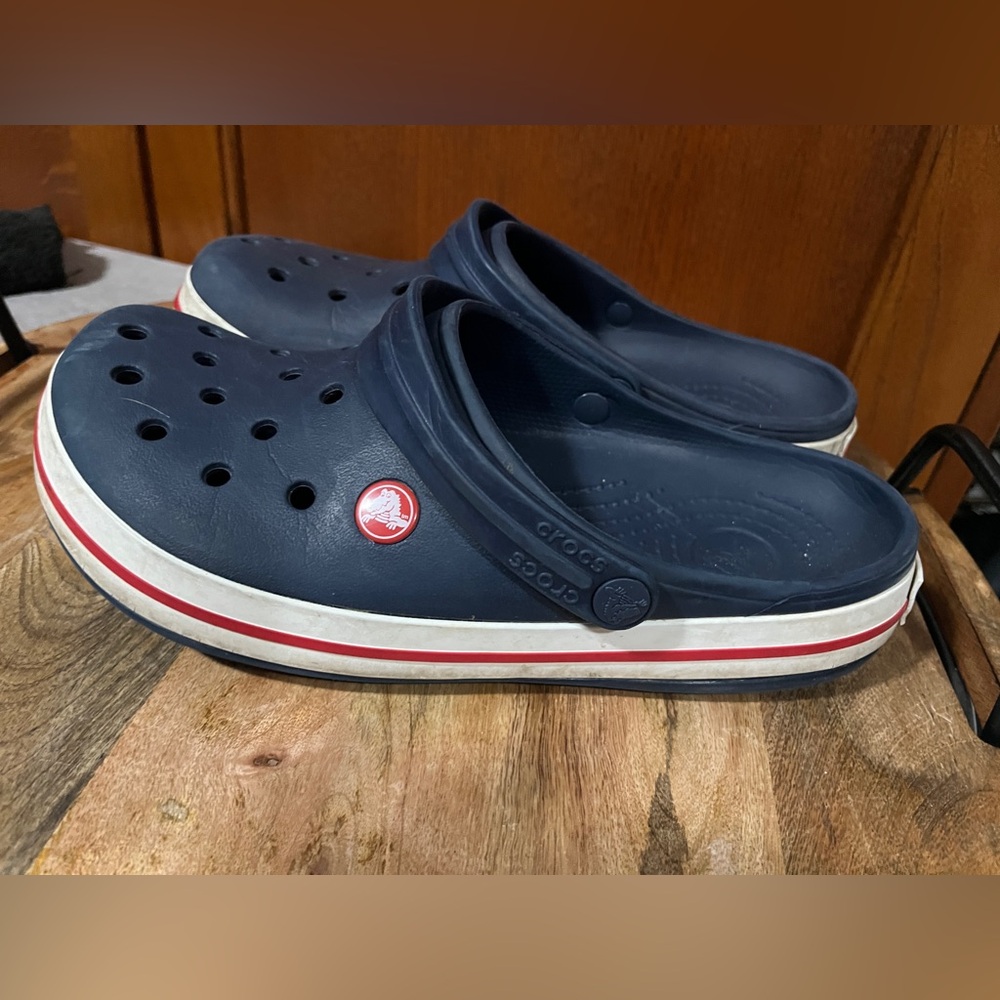 CROCS Navy Clogs with Red and White Trim